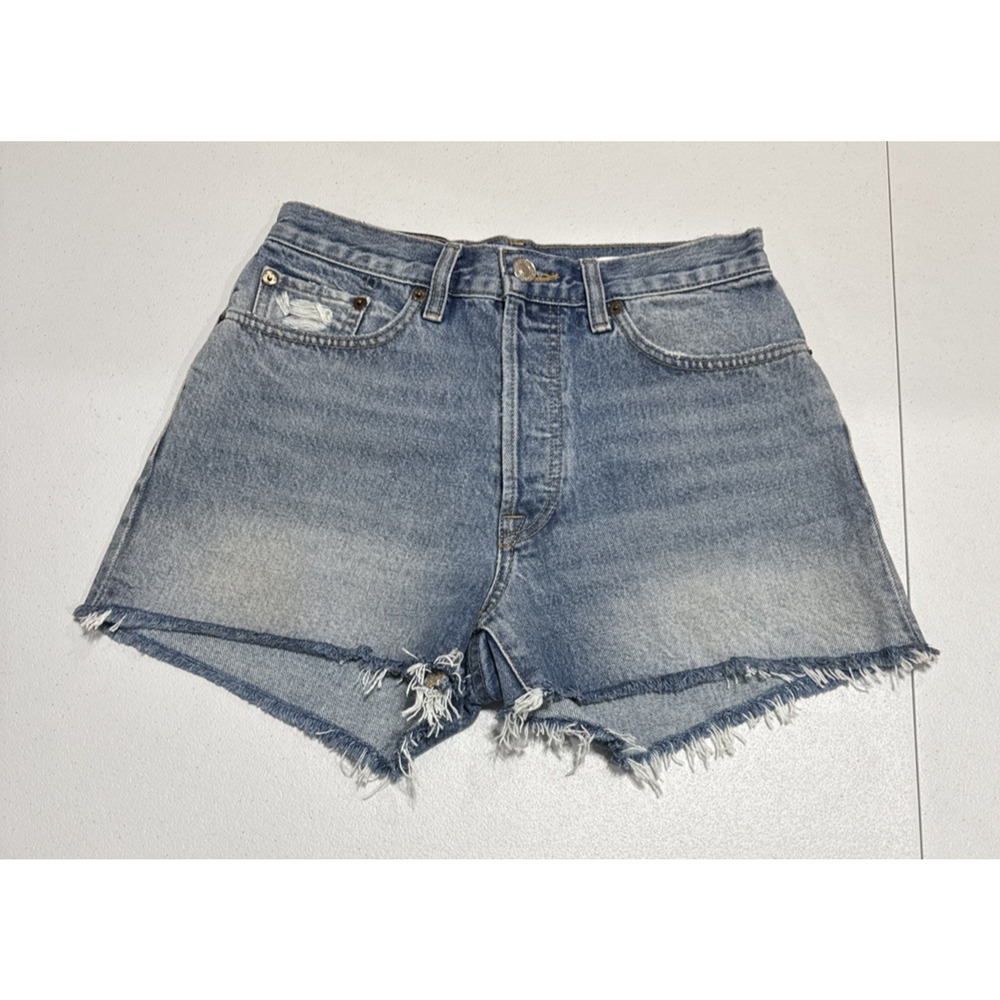 Re/Done Faded Blue Frayed Hem Denim Cutoff Shorts